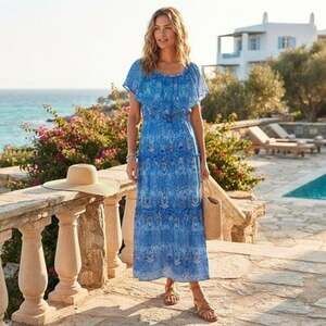 Rabbit Rabbit Rabbit Designs Sz 14W Blue Floral Off Shoulder Smocked Maxi Dress